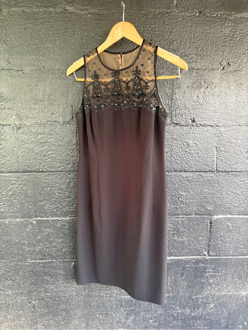 Donna Morgan Black Beaded Lace Sheath Cocktail Dress Satin Button Back
